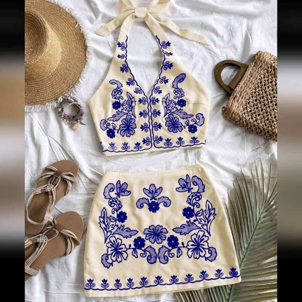 Women's Blue And Apricot Real Embroidery Skirt Set